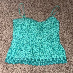 Vintage American Eagle Teal floral corset babydoll top with lace trim